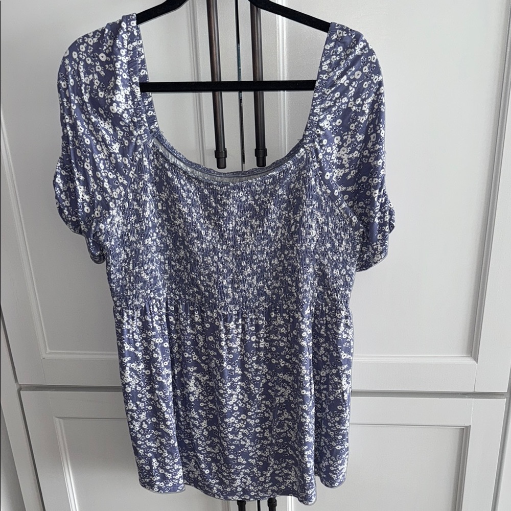 Blue and White Smocked Maternity Blouse